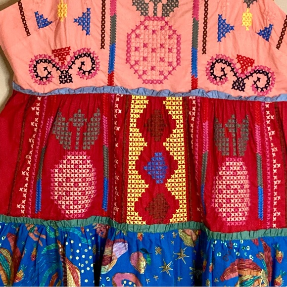 FARM Rio Color Blocking Pineapple Embroidered Tiered Mini Dress Red Size M - Picture 8 of 15